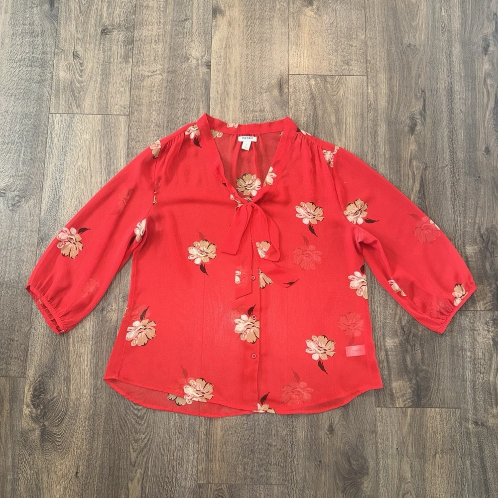 Old Navy Women L Spring Floral Tie Neck Boho Blouse Red Sheer Flowy Romantic Top